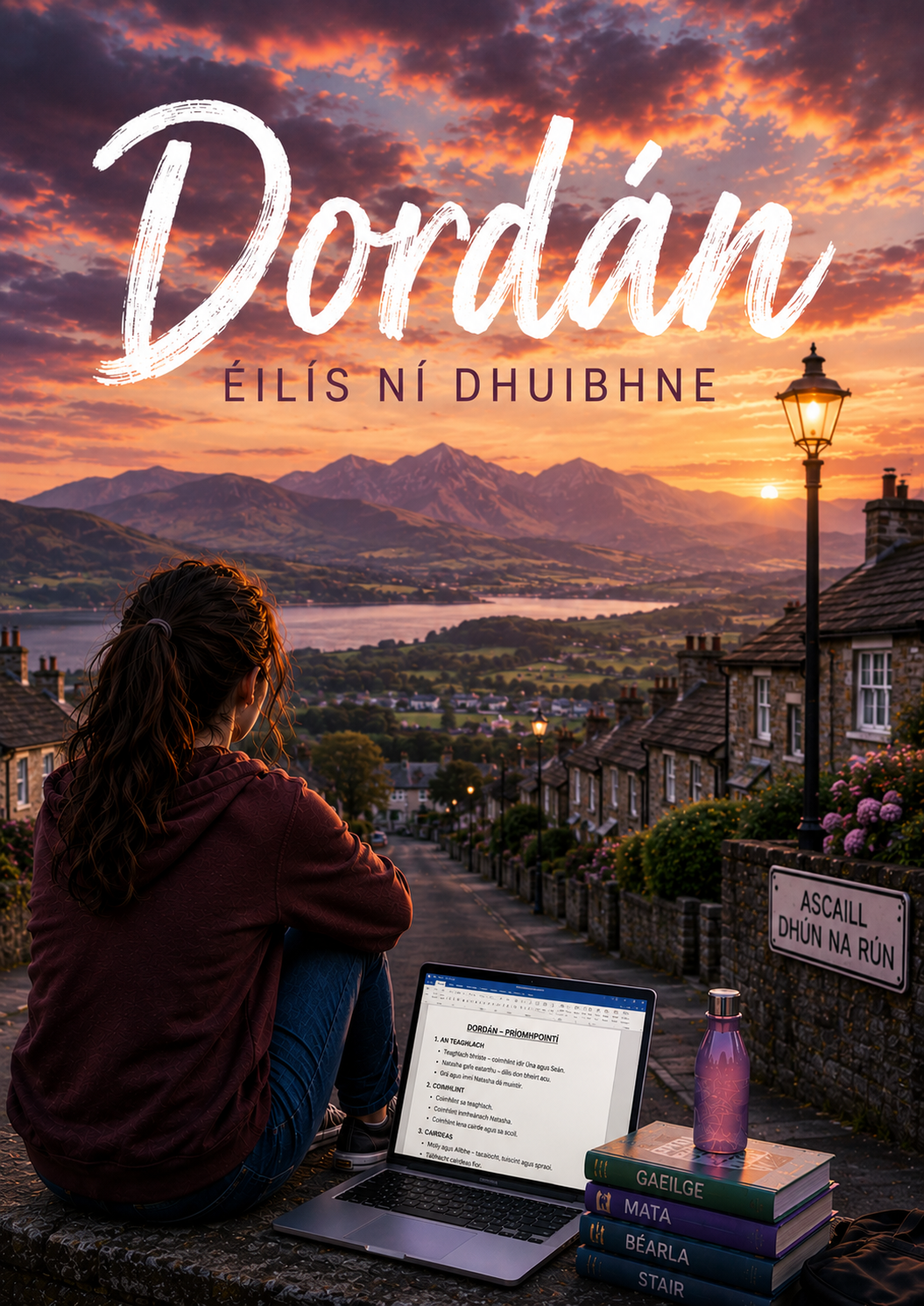 A scenic book cover for 'Dordán' by ÉILÍS NÍ DHUIBHNE, featuring a woman sitting on a stone wall overlooking a village and mountains at sunset, with a laptop, books, and a purple bottle in the foreground.