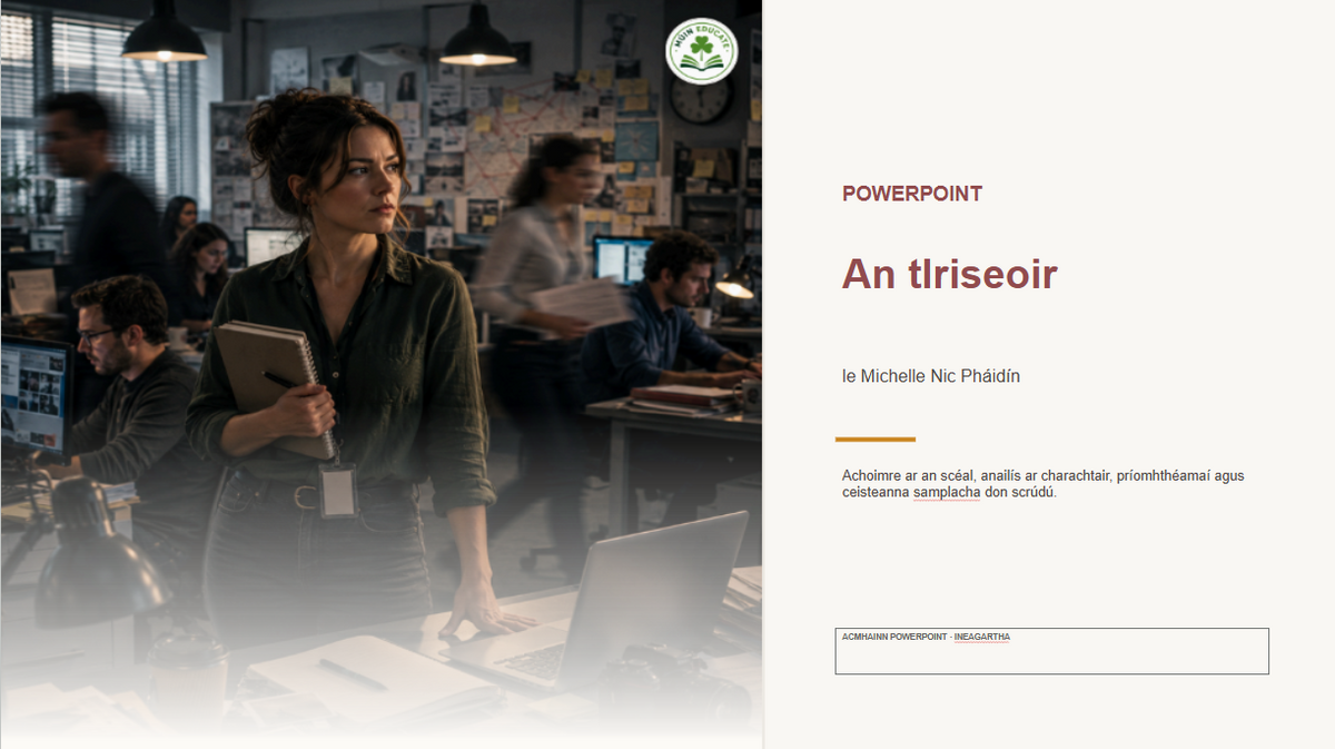 A PowerPoint presentation template cover titled 'An tIriseoir' with a photo of a woman in a modern office on the left and a clean white slide layout on the right. 