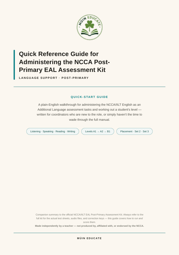 EAL Assessment Guide — NCCA Post-Primary Placement Test & Scoring Quick Reference (Levels A1–B1)